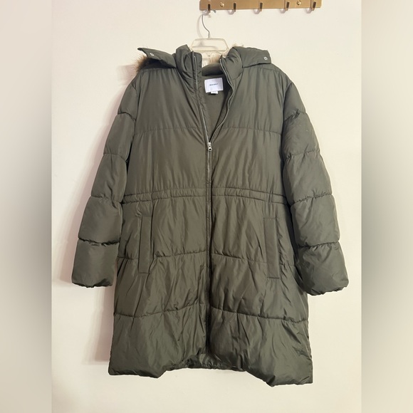 Old Navy Olive Length Faux Fur Hood Zip Front Puffer Jacket Coat 4X Plus XXXXL - Picture 3 of 4